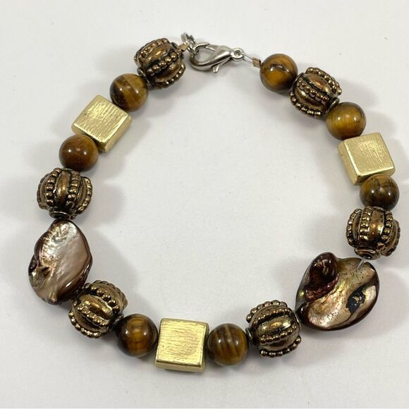 Tigers Eye Mother of Pearl Gold Tone Beaded Bracelet Statement Elegant Statement - Picture 2 of 6